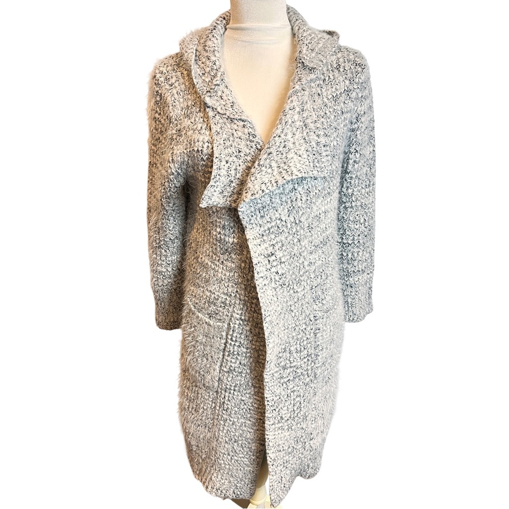 Chunky Heather Gray Knit Hooded Open Sweater Duster M -‎ L